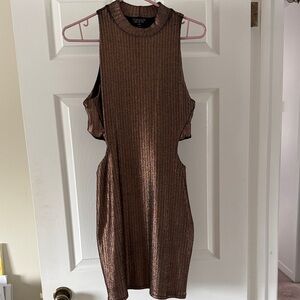 Topshop Metallic Bronze Ribbed Cutout Mini Dress